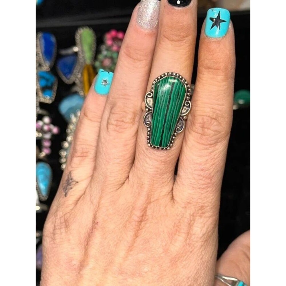 Green Malachite Coffin Sterling Silver Overlay Ring Size 8